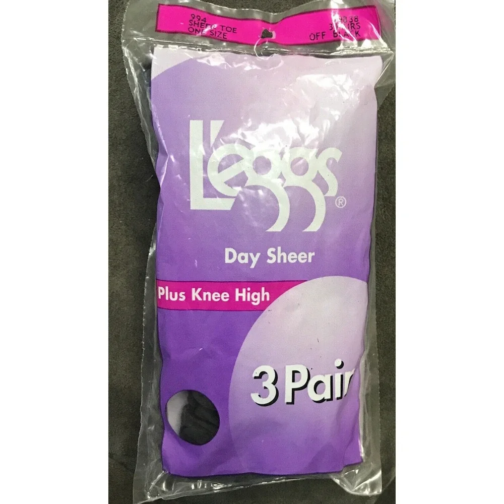 Leggs L'eggs Day Sheer Plus Knee High Black Sheer Toe‎ 3 Pair One Size